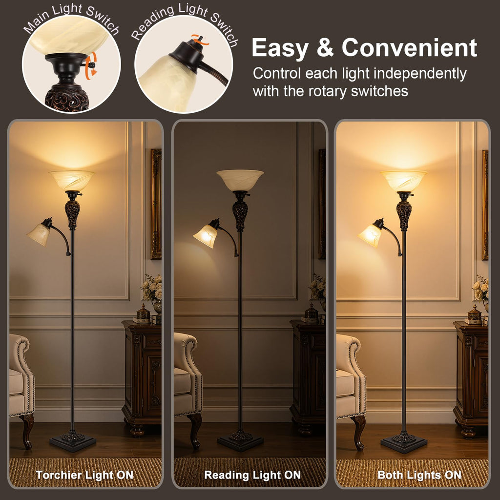 Vintage Torchiere Floor Lamp with Adjustable Reading Light, 72" Tall, Brown