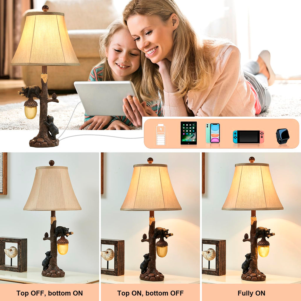 26" Rustic Western Bear Table Lamp with Nightlight Set of 2