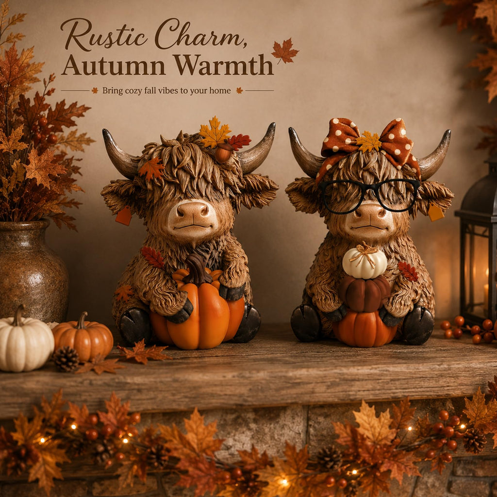 2 Pcs Fall Highland Cow Figurines Resin, Autumn Tabletop Decor
