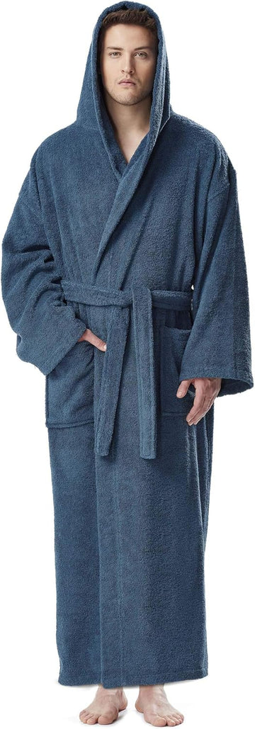 Men's Hooded Classic Bathrobe Turkish Cotton Robe with Full Length Options