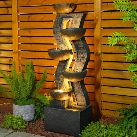 52.8" Tall Outdoor Water Fountain with Lights, 6-Tier Cascading Resin Waterfall Feature