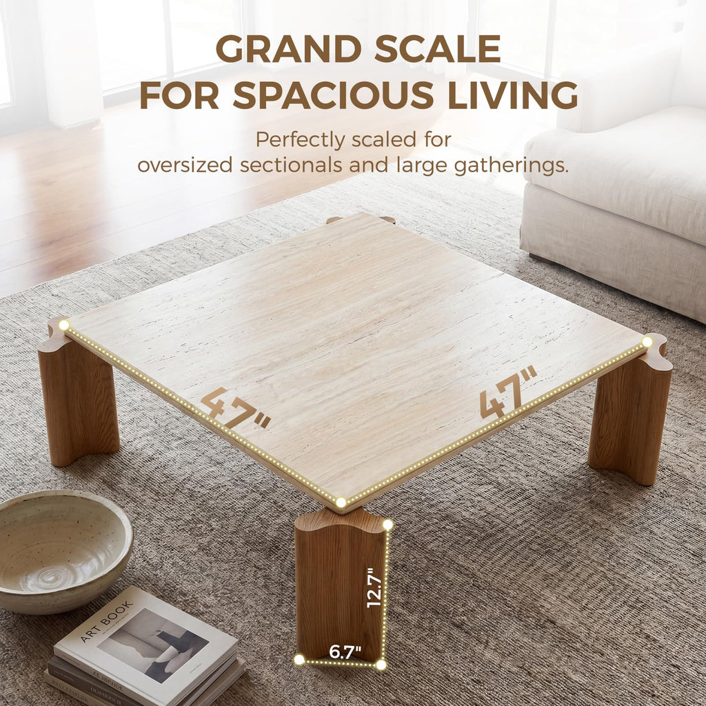 Large Faux Travertine Coffee Table, 47" with Curved Wood Legs