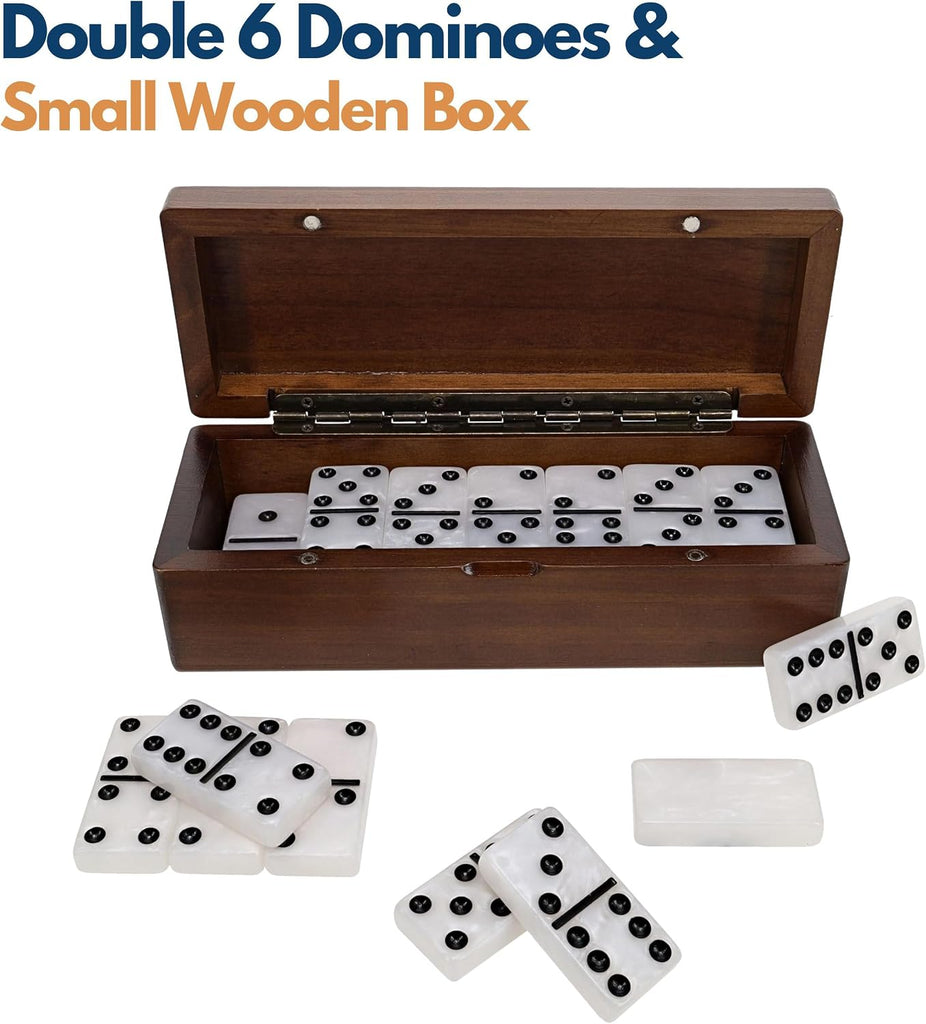 Double 6 Marbleized Dominoes in Magnetic Wooden Travel Box, Dominoes Set for Adults, White Color Double Six Domino