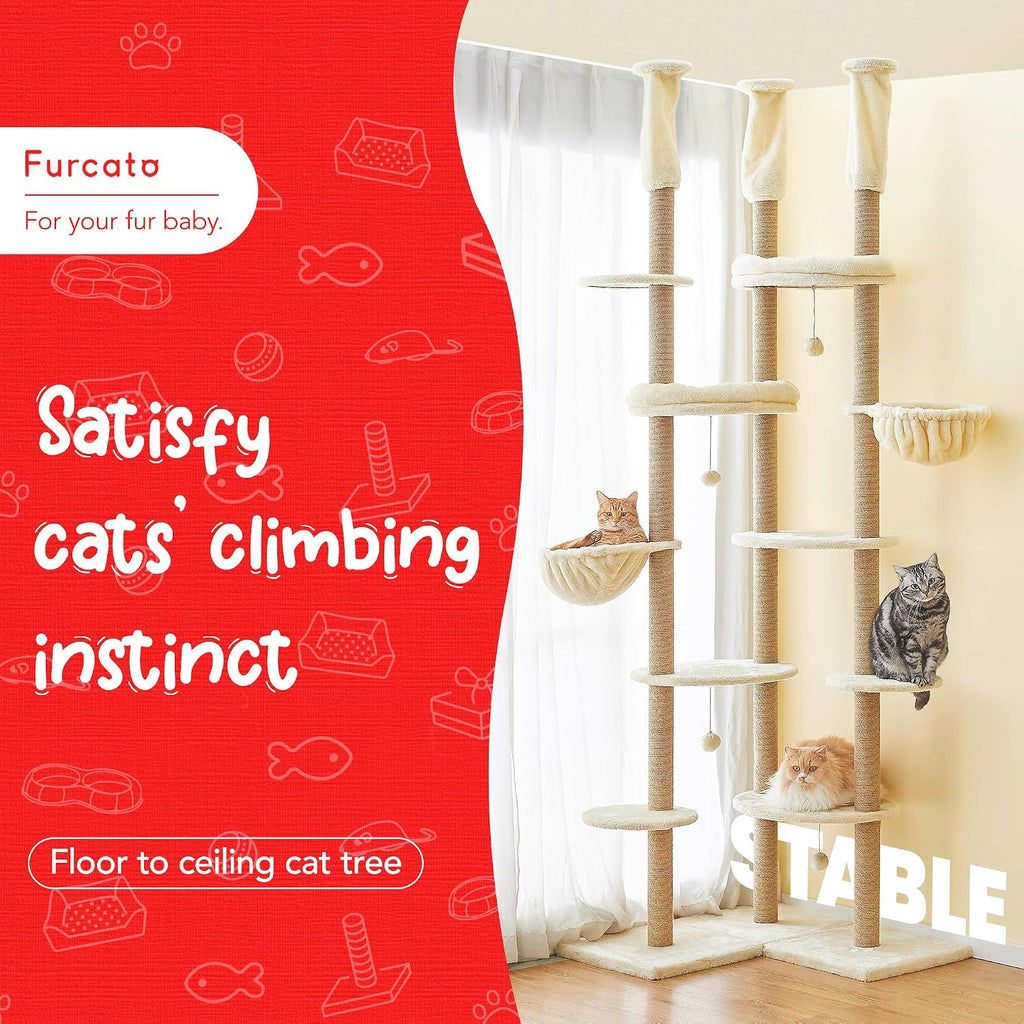 Floor to Ceiling Cat Tree, Tall Cat Tower Adjustable Height (88"-114"=223-290CM), 6-Tier Cat Climbing Tower with 18