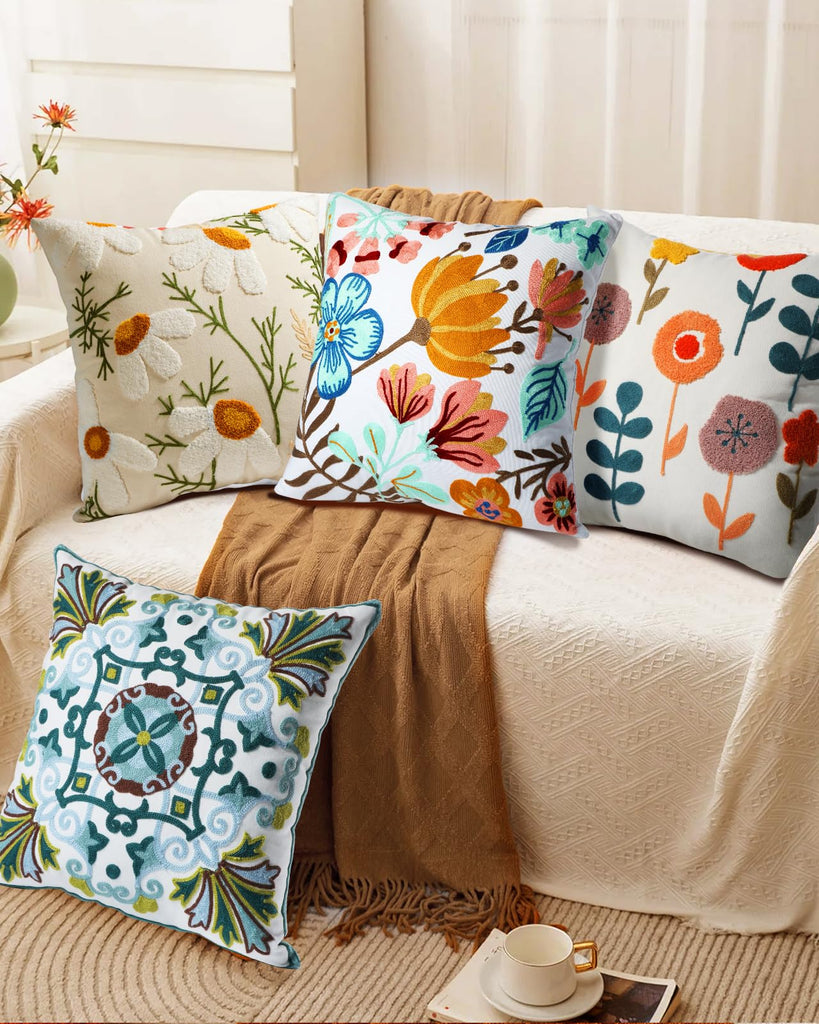 Embroidered Throw Pillow Cover, 18x18 Inch, Boho Floral
