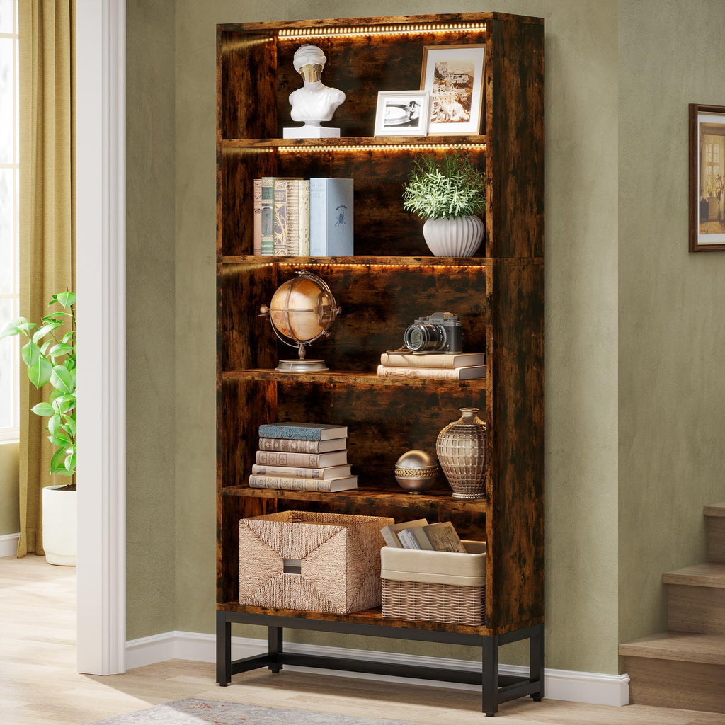 Tall Bookcase and Bookshelf, 70.8" Large Bookcases Organizer with LED Lights, Heavy Duty Free-Standing Library