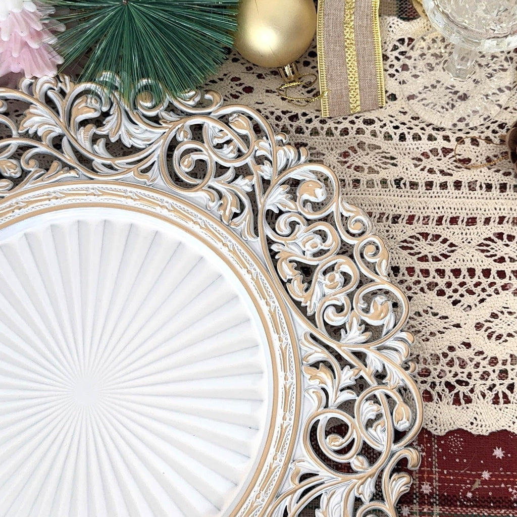 13inch Round Plastic Charger Plates, Set of 8, Charger Plates for Dinner, Wedding, Party, Event Decoration. (White gold
