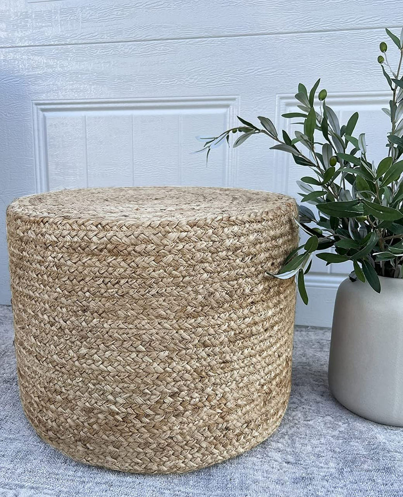 Jute Pouf Ottoman | Footrest Pouf | Hand Braided - Round Boho Pouffe - (18"x18"x12") Natural