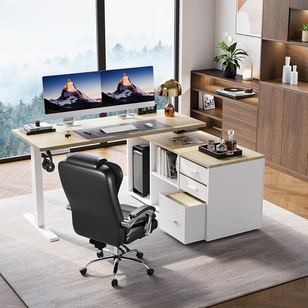 55′′ L Shaped Standing Desk with Drawers, Adjustable, Light Walnut | Electric Executive Desk with File Cabinet Sets