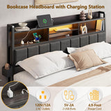 Queen Bed Frame with Storage Drawers, Upholstered Headboard with LED Light & Charging Station