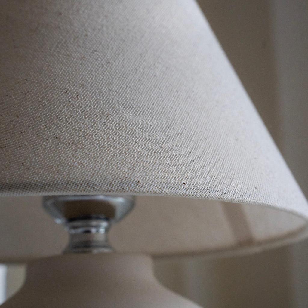 11" Small Table Lamp - Handmade Round Ceramic Cream Base with Off-White Fabric Shade, Dimmable Plug-in Nightstand or