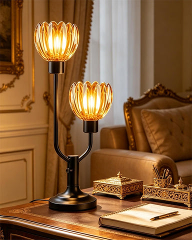 Mid Century Modern Glass Table Lamp Black Dimmable Desk Lamps with Brown Glass Shades 2 Bulbs Includ