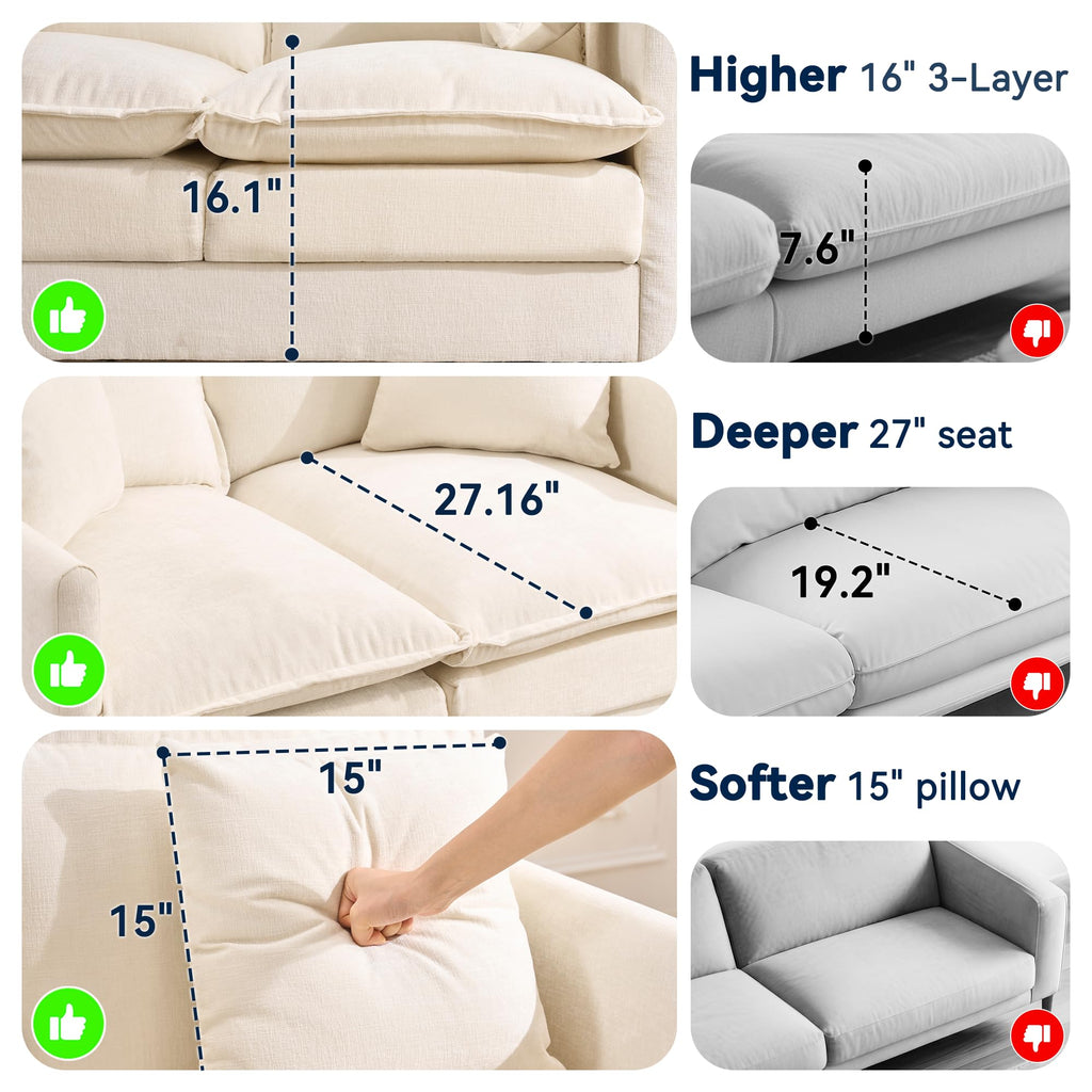 L-Shape Loveseat Sofa Couch with Ottoman, Small 50" Love Seat 27" Deep Cloud Sofa Washable Chenille Pillow Bedroom