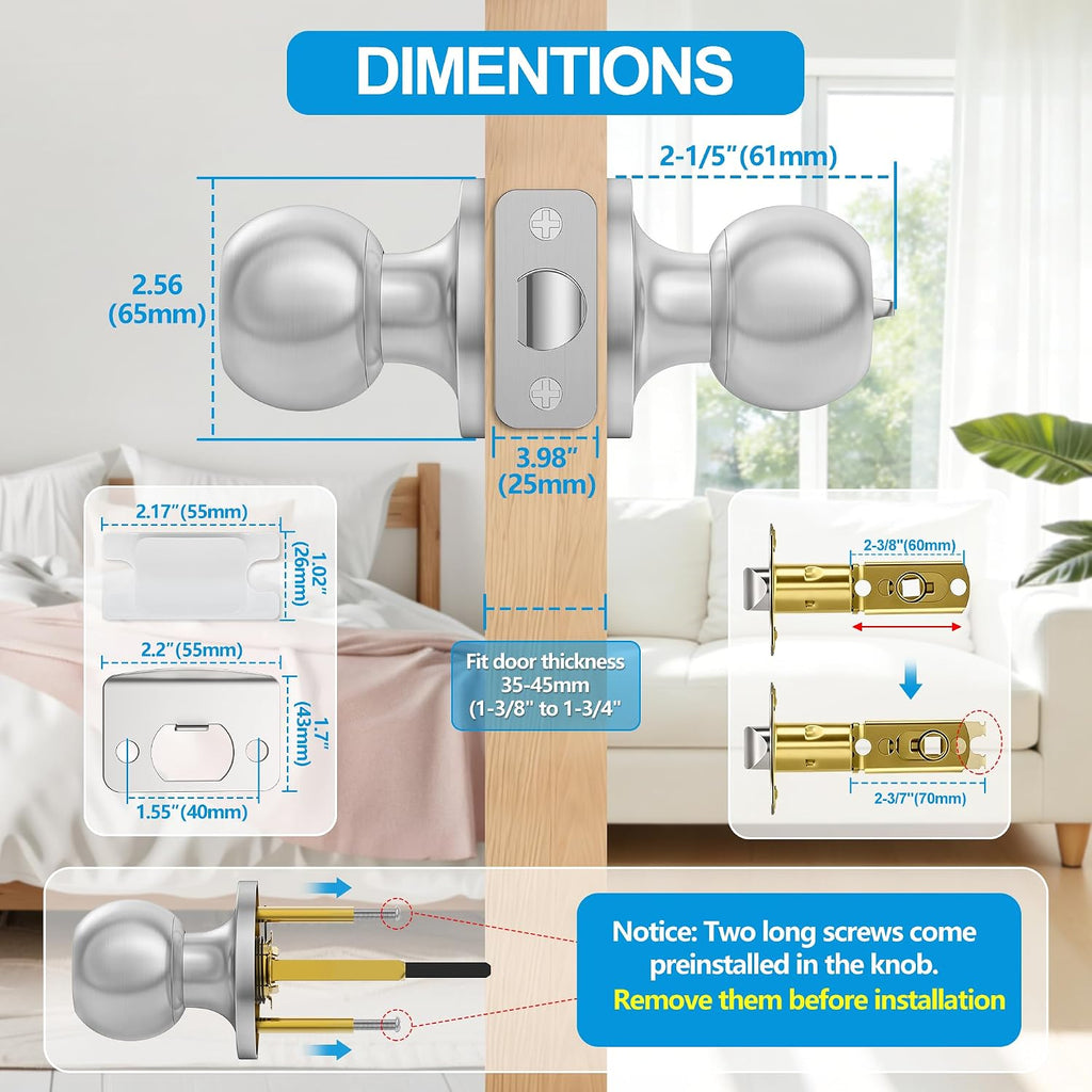 5 Pack Privacy Door Knobs Interior, Satin Nickel Doorknob with Lock -ANSI Grade-3 Certified, Keyless Door Locks