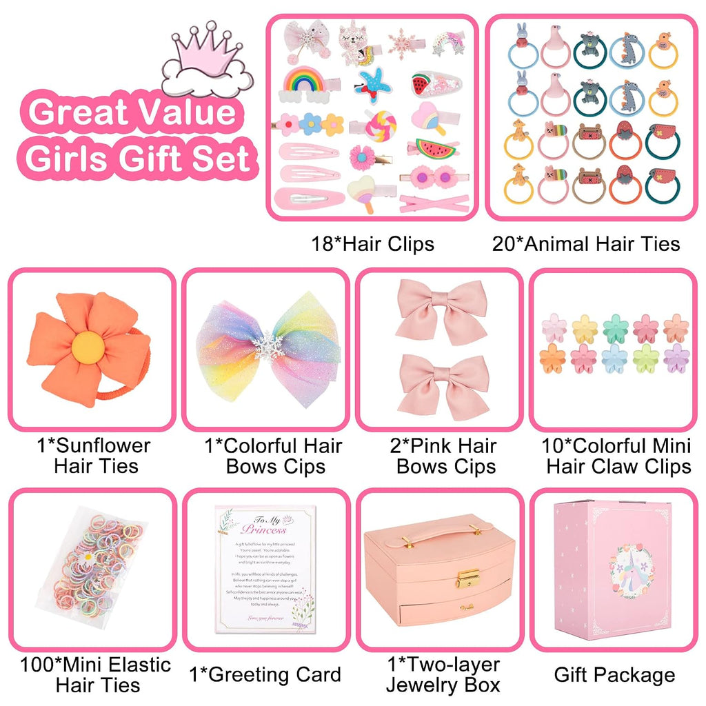 Hair Accessories Set for Girls: Jewelry Box, Hair Clips, Barrettes, Ties, Bows - Teen Girl Gift for Ages 4-12 (Pink)