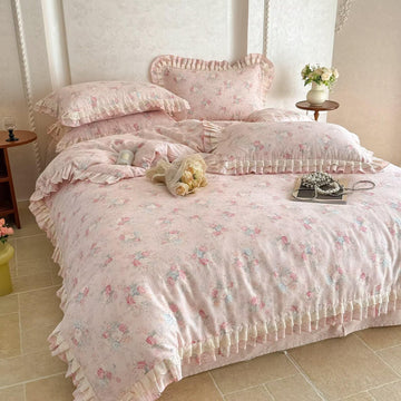 Pink Ruffled Duvet Cover Set Farmhouse Rustic Bedding, Cottagecore Floral Print Comforter Cover with Lace