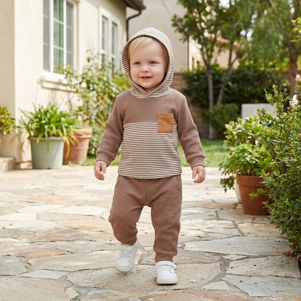 Toddler Baby Boy Fall Outfit Set Contrast Color Stripe Long Sleeve Hoodie Hooded Jogger Pants Infant Waffle Clothes