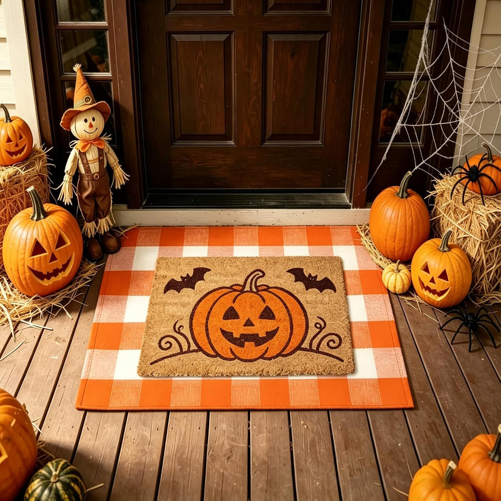 Halloween Pumpkin Layered Doormat, Coco Coir Door Mat Orange White Buffalo Plaid Rug, 2 Pcs Outdoor Mat Set for Front