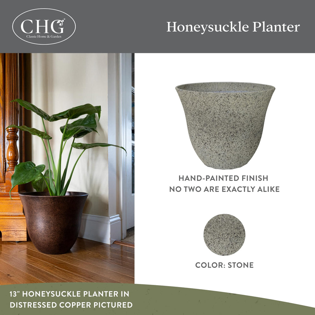 Honeysuckle Resin Planter, Durable Garden Pot, 15" Stone