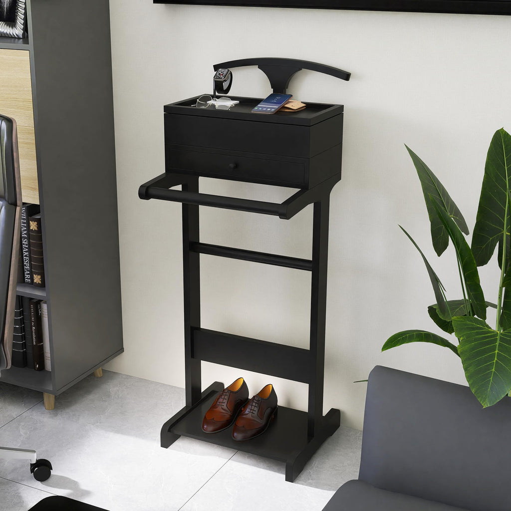 Mens Valet Stand with Drawer & Suit Hanger & Flip Tray, Wooden Clothes Rack