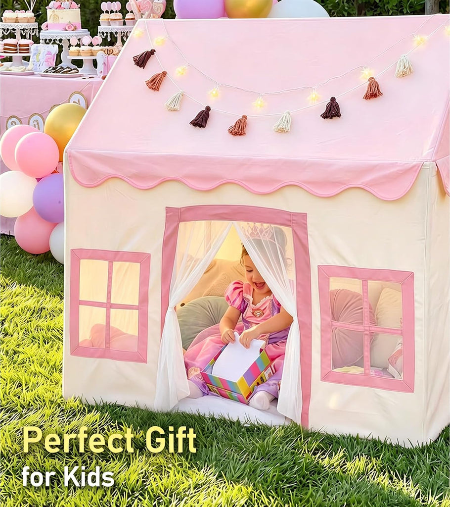 Large Kids Tent with Mat, Star Lights, Tissue Garland, Play Tents for Indoor & Outdoor Use, Kids Play Tent for Girl &