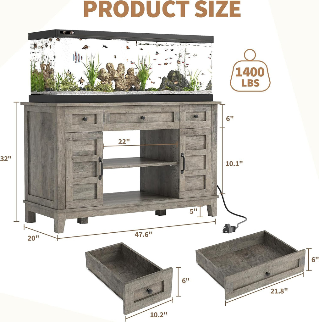 Farmhouse Aquarium Stand Set - For 55-75 Gallon Fish Tanks - Heavy Duty 1400LBS - Power Outlet - Adjustable Storage