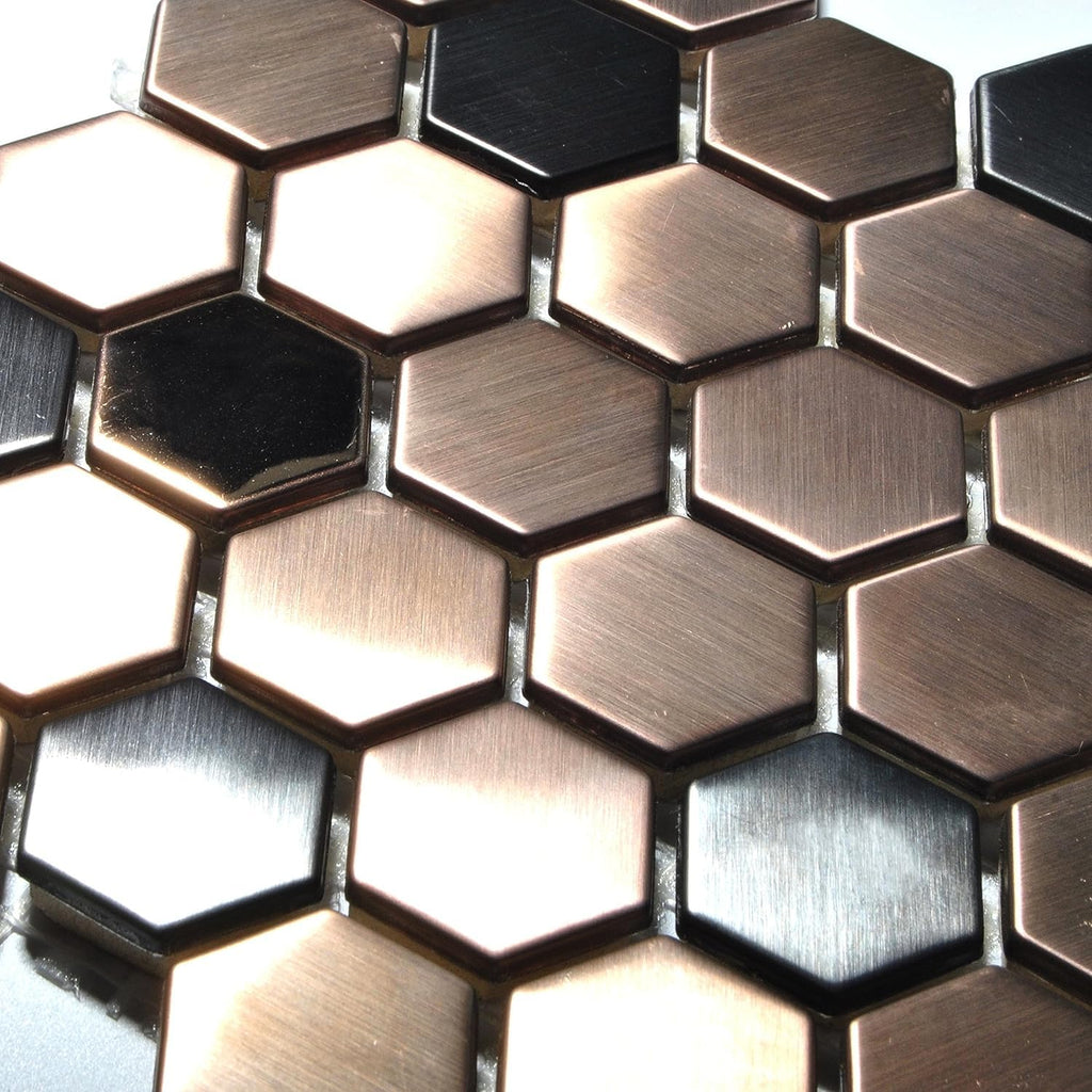 Hexagon Stainless Steel Brushed Mosaic Tile Bronze Copper Color Black Bathroom Kitchen Backsplash Shower Floor Tiles