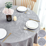 Jacquard Round Tablecloth 60 Inch Grey Table cloth Leaves Pattern Scalloped Edge Silky Soft Waterpro