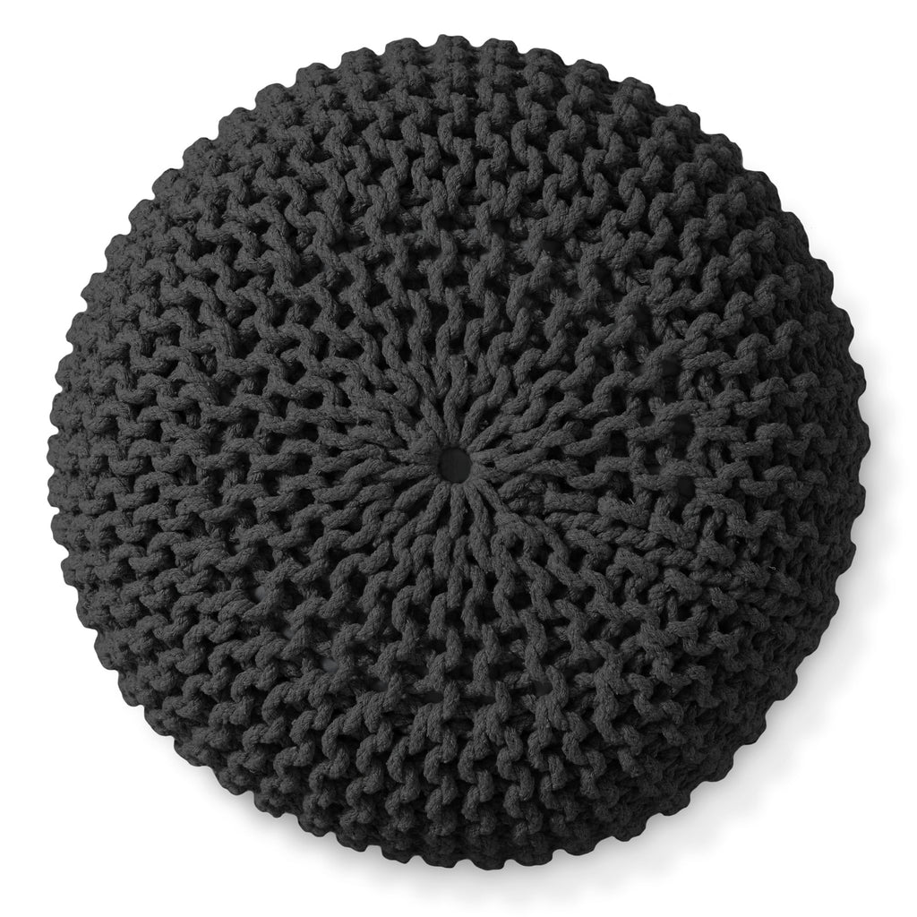 Round Pouf Ottoman, Black - 20" Diameter x 14.5" High Cotton Knit Foot Stool - Boho Floor Pouffe