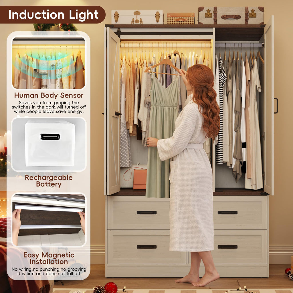 Farmhouse 3-Door Armoire Closet w/Mirror & LED, Antique White