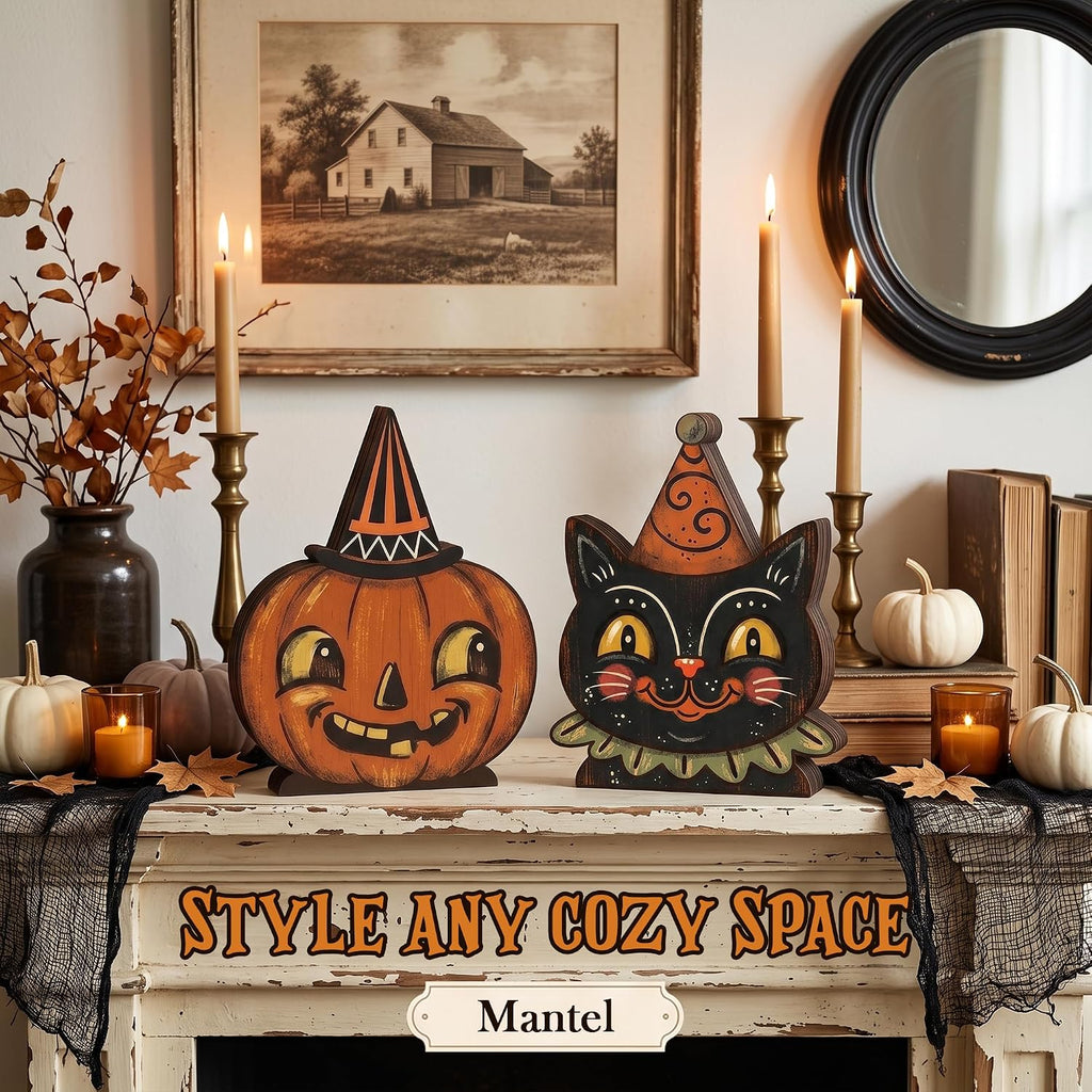 Wooden Halloween Decor Small Halloween Signs Indoor Decor Black Cat Pumpkin - Set of 3