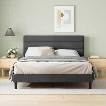 Full Piper Upholstered Platform Bed with Horizontal Paneled Headboard, Wooden Slat Support, No Box Spring Needed