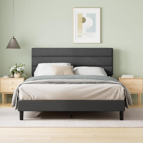 Full Piper Upholstered Platform Bed with Horizontal Paneled Headboard, Wooden Slat Support, No Box Spring Needed