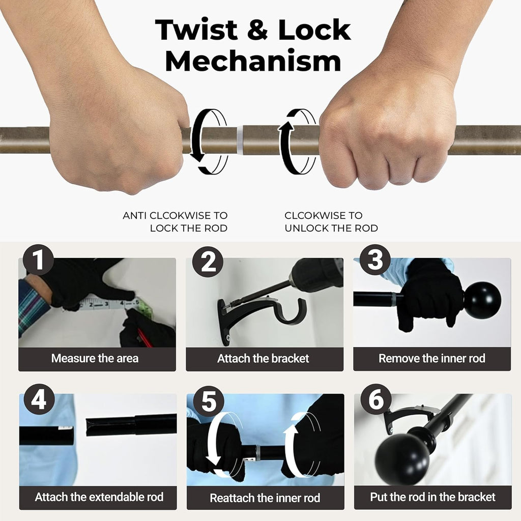 Curtain Rods for Windows, 1 Inch Heavy Duty Extendable Metal Drapery Rod, Adjustable Curtain Rod