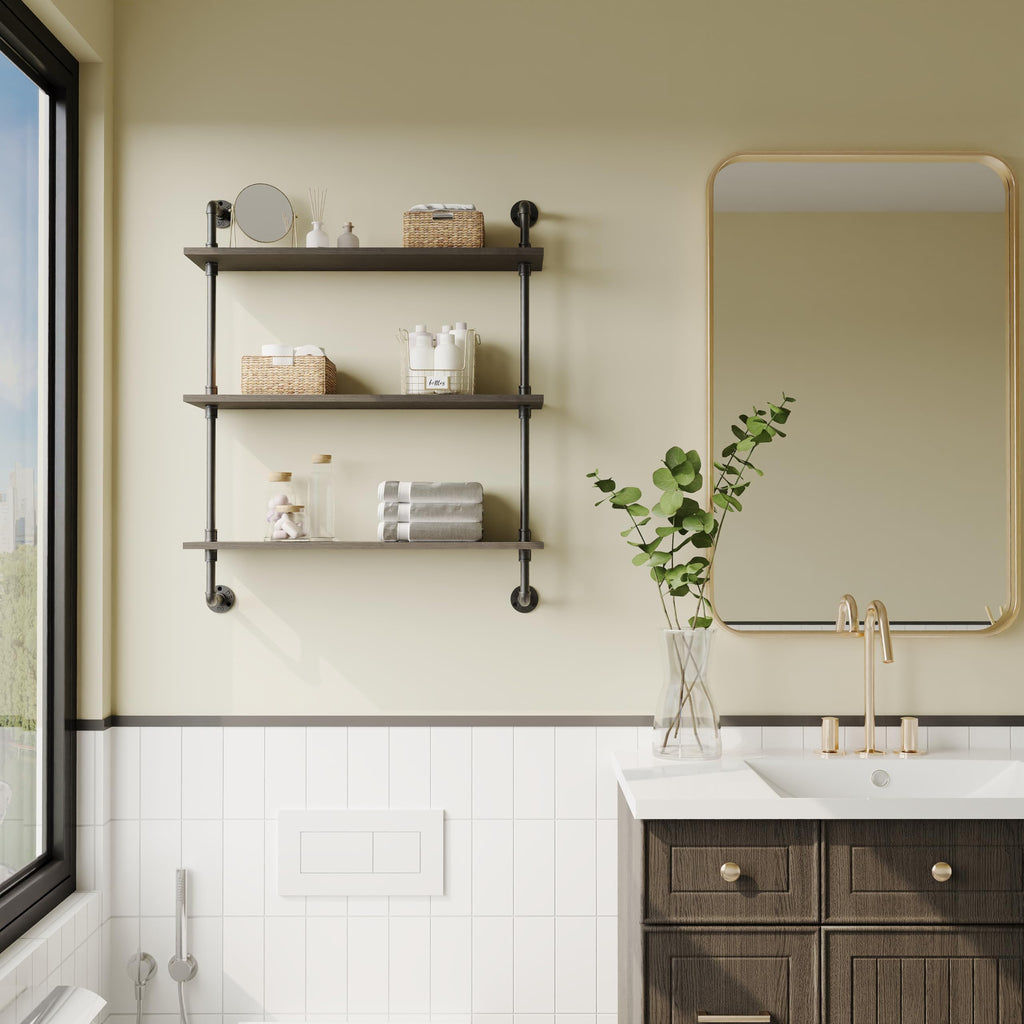 3-Tier Industrial Pipe Floating Shelf - Rustic 24 inch Wood Wall-Mounted Storage Shelf Office, Bathroom & Home Decor