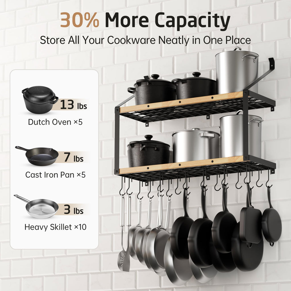 132lb Heavy Duty Hanging Pot Rack Wall Mounted, 34in Solid Wood Design