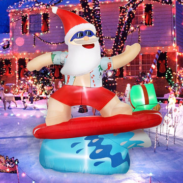 Christmas Santa Inflatable Decorations Outdoor 6.5FT Beach Surfing Hawaiian Tropical Blowups with Build-in LEDs Blow