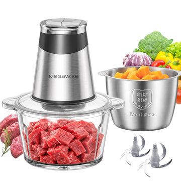Electric Food Processor, 800W Meat Grinder & Vegetable Chopper - 2 Bowls (3L Stainless Steel + 3L Glass) with 4