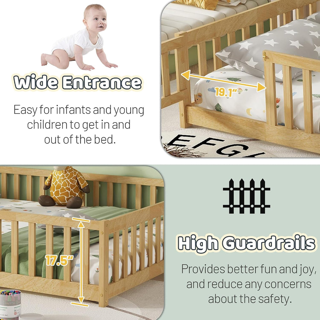 Floor Bed with Safety Guardrails for Kids, Rubber Wood Montessori Bed with Slats and Convertible Door