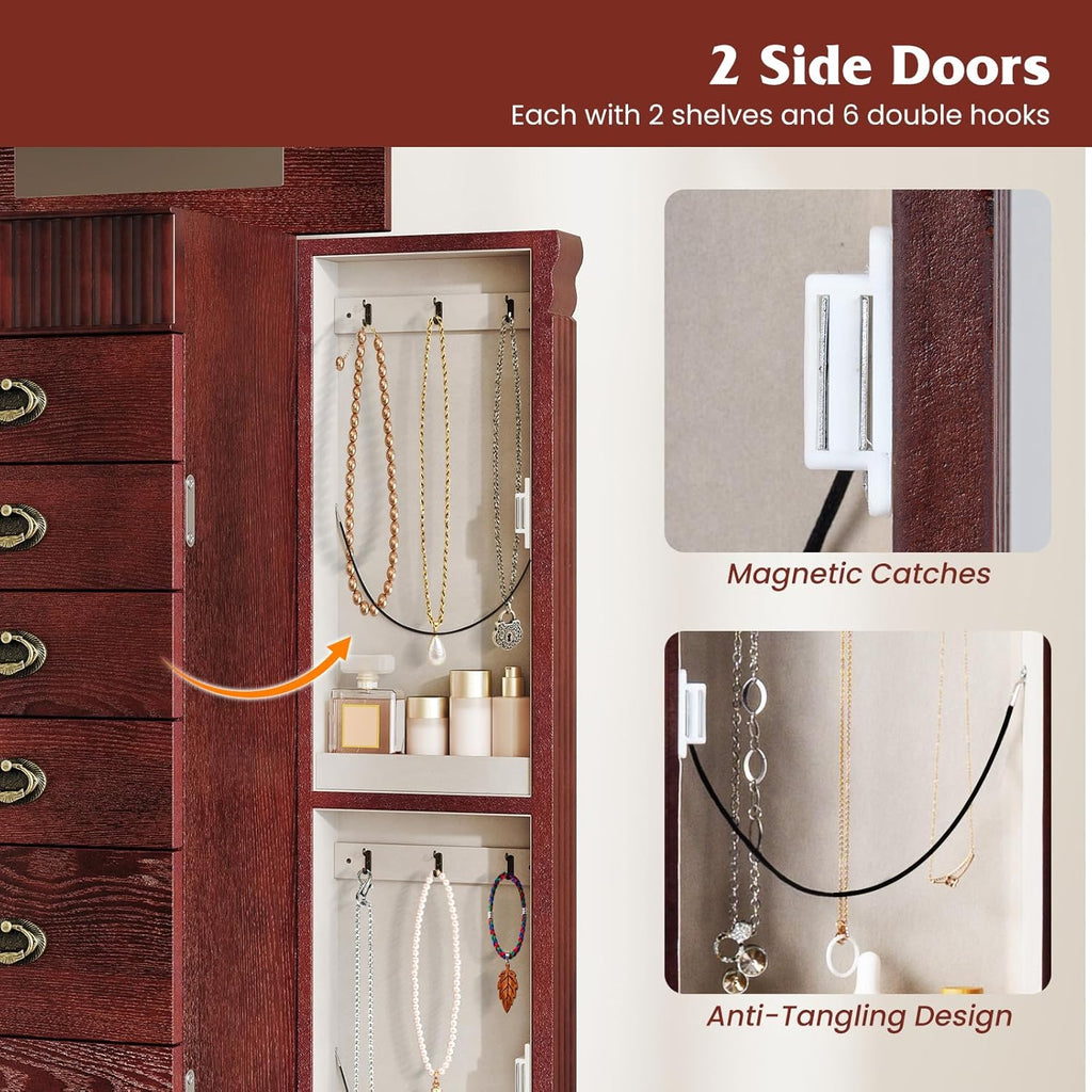 Standing Jewelry Armoire Cabinet, Wooden Storage Chest (Cherry)