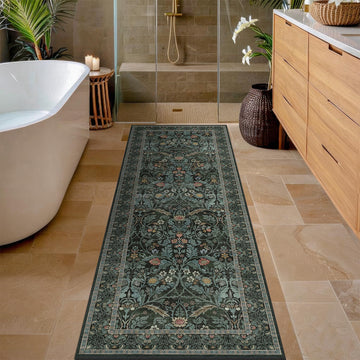 Dusty Teal Green 2x6 Washable Bathroom Runner Rug Non Slip - Entryway Kitchen Runner 6ft - Floral Soft Rug Non Skid