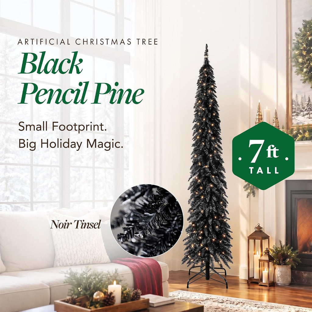 Pre-Lit Slim Black Tinsel Christmas Tree, 150 Lights