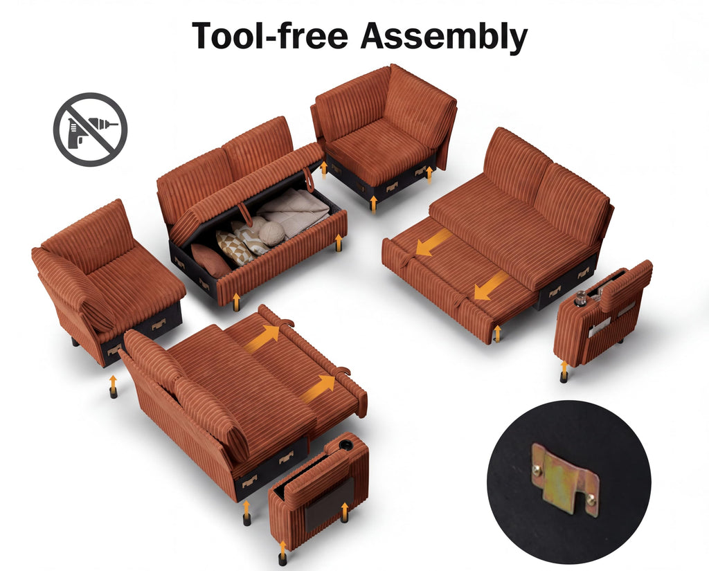 111" Modular Sectional Sleeper Sofa with Pull Out Bed, 8 Seat Plush Corduroy U Shaped Couch with Storage Chaise|USB
