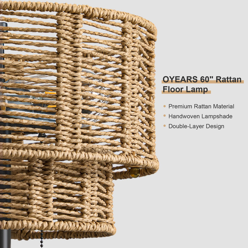 60" Farmhouse Floor Lamps, Pull Chain&Rattan Shade