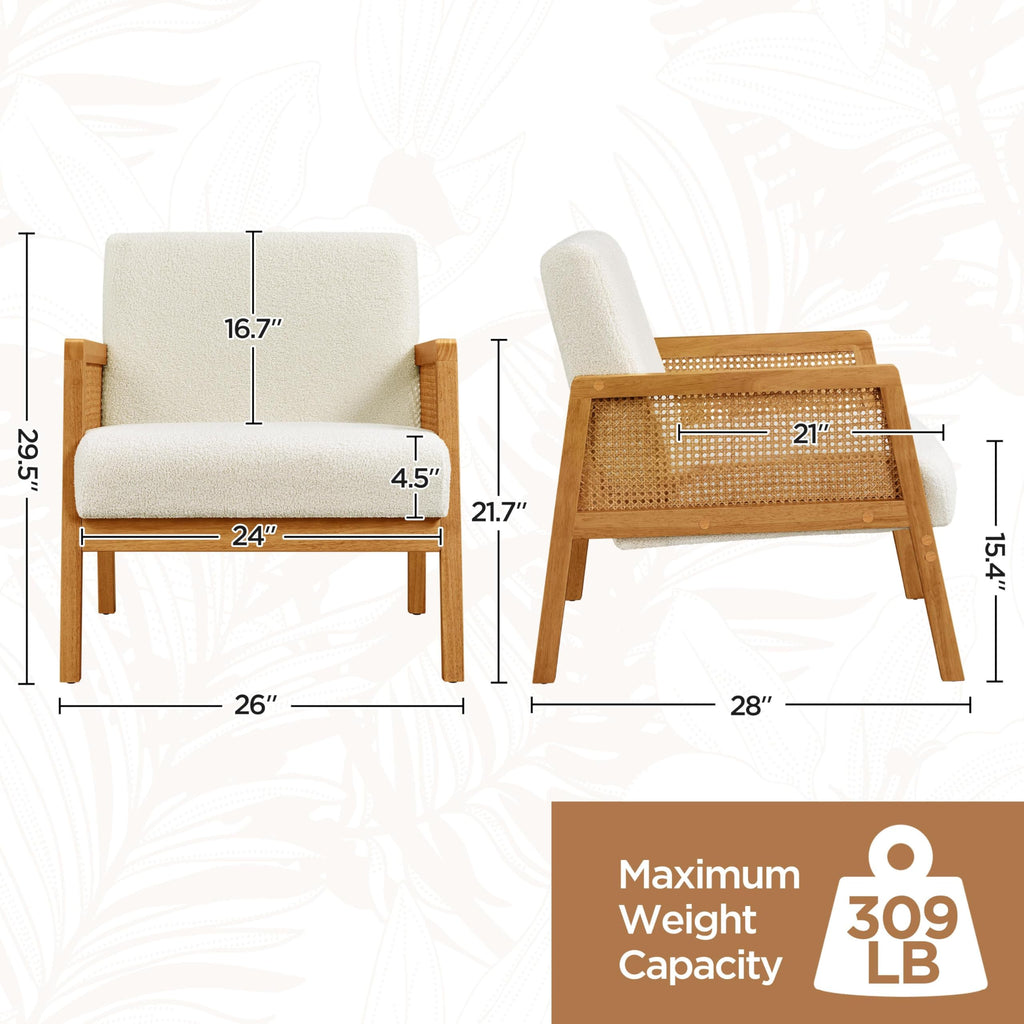 Rattan Accent Chairs Set of 2, Boho Vintage Armchairs, Ivory