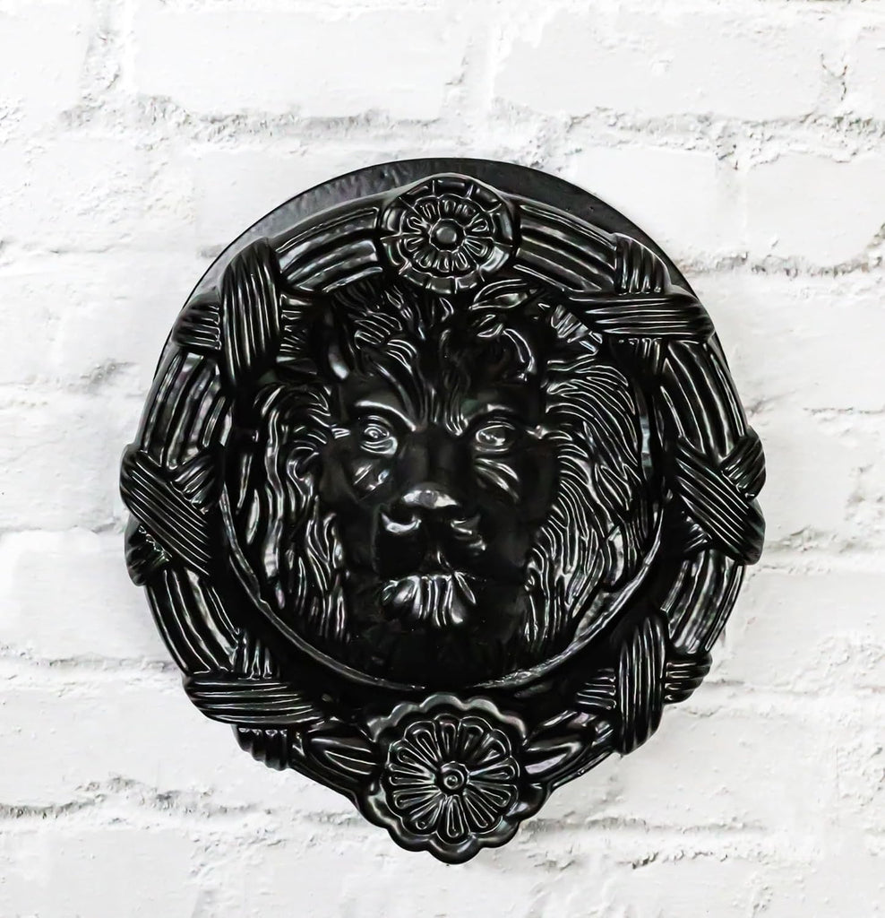 Hand Forged Cast Iron Black Royal Venetian Lion Head Decorative Door Knocker with Striking Plate Figurine Animal