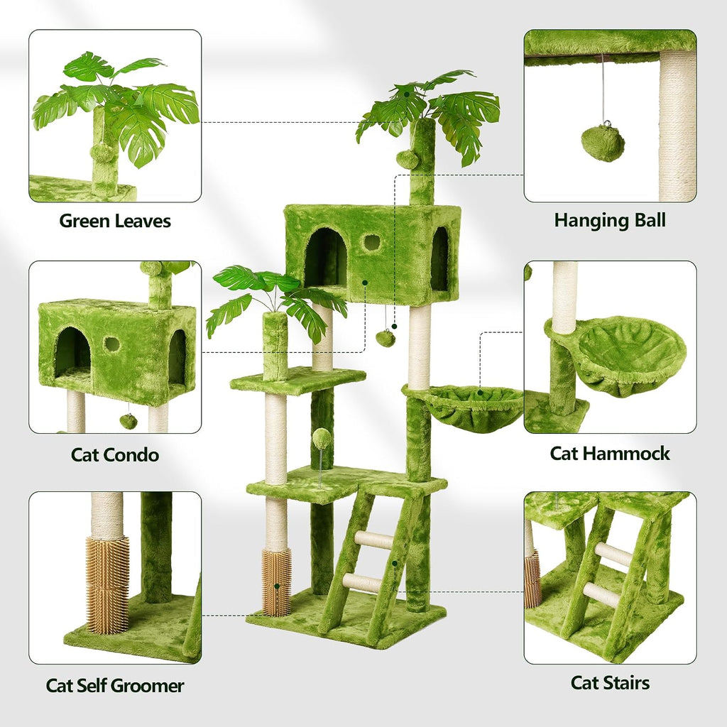 65in Tall Cat Tree with Leaves for Indoor Cats, Green Cat Tower with Scratching Post, Hanging Hammock, Cozy Perch, Swing
