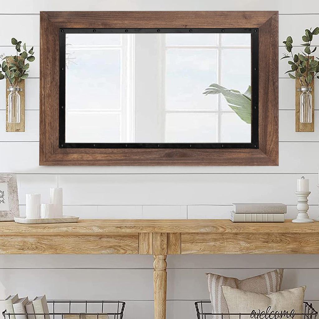 Rustic Wooden Framed Wall Mirror, 40"x26", Natural Wood and Iron Bathroom Vanity Mirror for Farmhouse Decor, Vertical