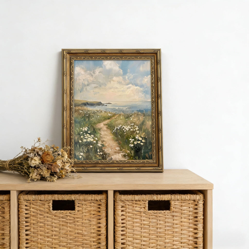 Gold Framed Wall Art, Coastal Landscape Canvas Prints - Vintage Seascape with White Wildflowers Pictures, Summer