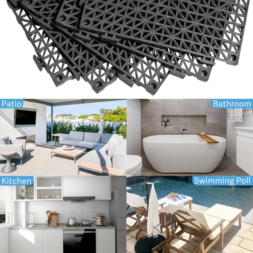12” x 12” Drainage Interlocking Floor Tiles, 12 Pack Non-Slip Pool Deck Drain Mats for Flooring, Soft PVC Splicing